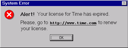 Error message: Your license for Time has expired.
